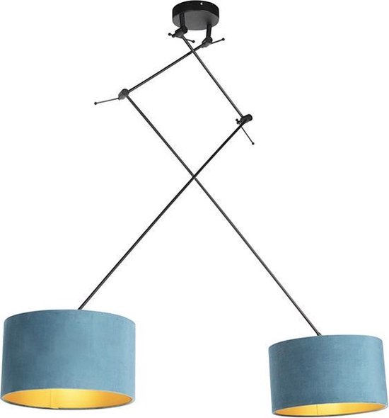 QAZQA blitz - Klassieke Hanglamp met kap - 2 lichts - L 750 mm - Zwart Goud - Woonkamer | Slaapkamer | Keuken