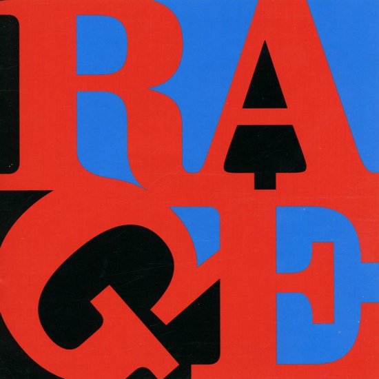 Grote rode en blauwe letters met de tekst RAGE op een zwarte achtergrond.