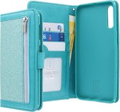 Samsung Galaxy A70 Bookcase hoesje - CaseBoutique - Glitter Turquoise - Kunstleer - Glitters - Rits Vakje
