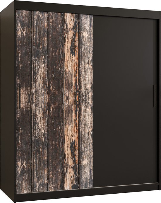 Zweefdeurkast Kledingkast met 2 schuifdeuren Garderobekast slaapkamerkast Kledingstang met planken (LxHxP): 150x200x62 cm - PASTEUR (Zwart + oud houtpatroon, 150)