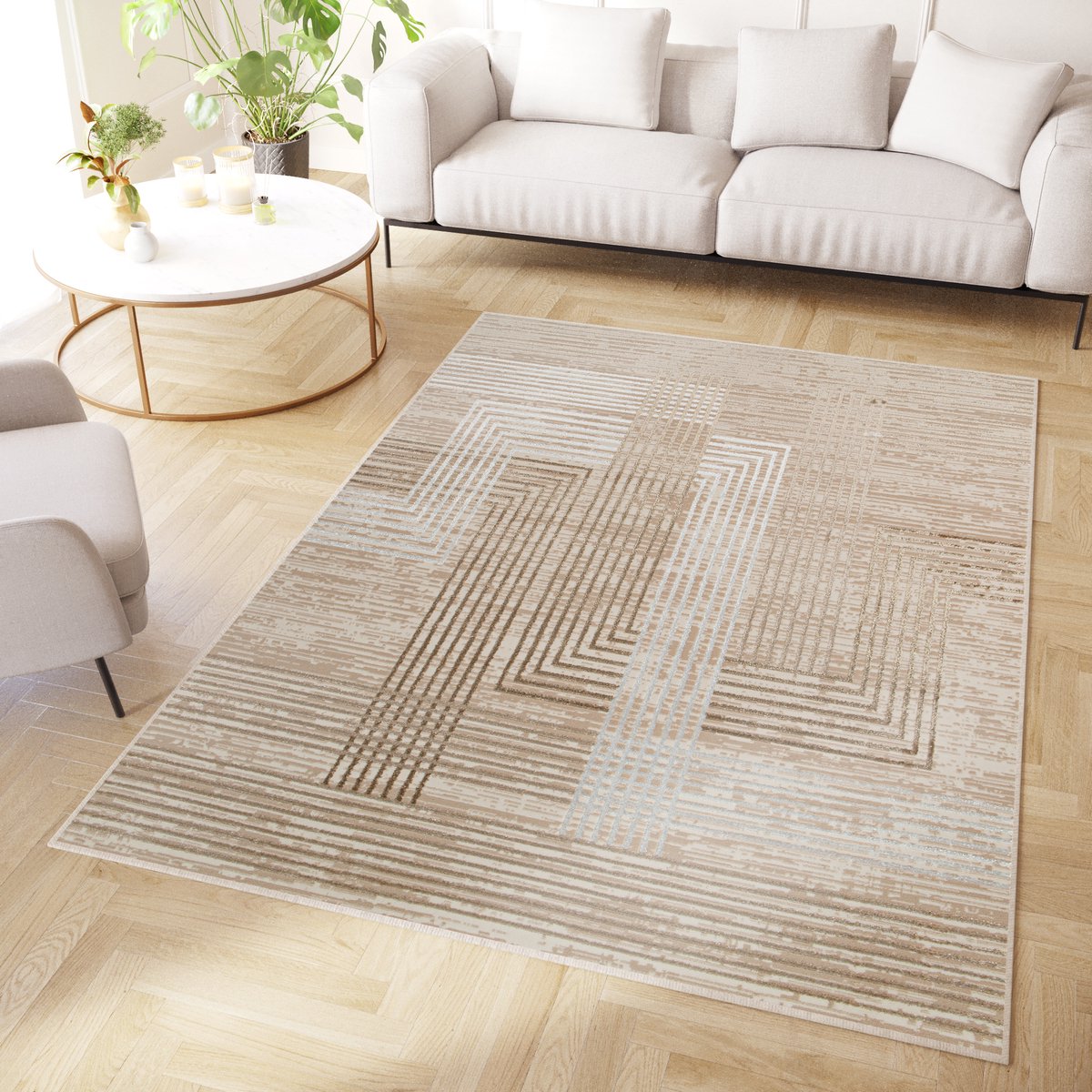 Tapiso Crystal Vloerkleed Beige Bruin Lijnen 3D Effect Tapijt Maat- 120x170