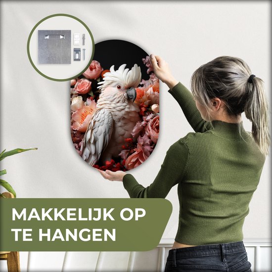 Mur ovale 40x60 cm - Mur ovale Cacatoès - Animal - Nature - Botanique - Fleurs - Rose - Décoration murale plastique - Tableau ovale - Décoration murale murale salon - Peintures - Forme miroir ovale sur plastique