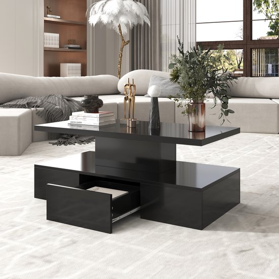 Merax Salontafel, zwart, hoogglans, met ledverlichting, bijzettafel, koffietafel met kast en open opbergvakken, banktafel met laadaansluiting, rechthoekige middentafel, 100 x 50 x 43 cm