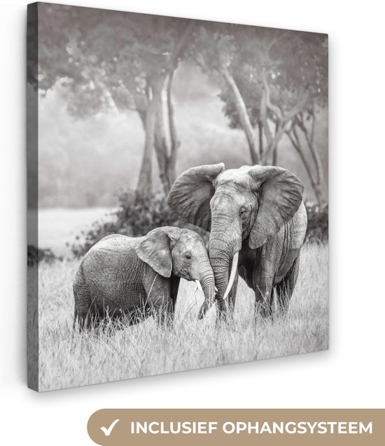 Canvas Schilderij Olifant - Dieren - Natuur - Zwart wit - 90x90 cm - Wanddecoratie
