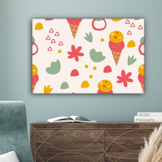 Canvas Schilderij IJs - Driehoek - Bloemen - Patroon - 60x40 cm - Wanddecoratie