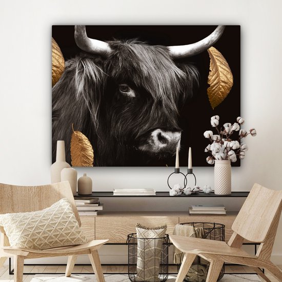 Décoration murale - Highlander écossais - Feuilles - Noir & Or - Peinture sur Toile - 120x90 cm