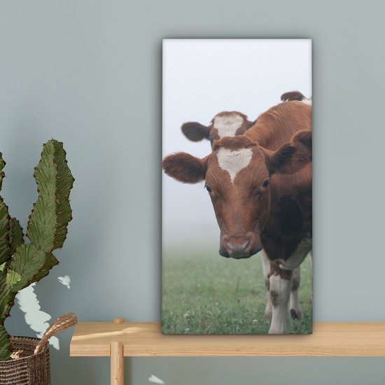 Tableau Peinture Vaches - Marron - Brouillard - 20x40 cm - Décoration murale
