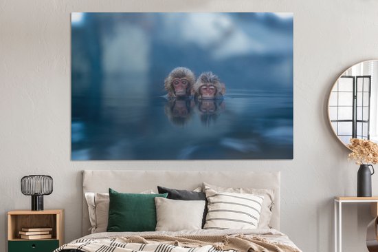 Canvas schilderij 180x120 cm - Wanddecoratie Japans - Apen - Water - Dieren - Landschap - Muurdecoratie woonkamer - Slaapkamer decoratie - Kamer accessoires - Schilderijen