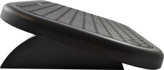 Zwarte ergonomische voetensteun met antislipoppervlak en kantelbare functie.