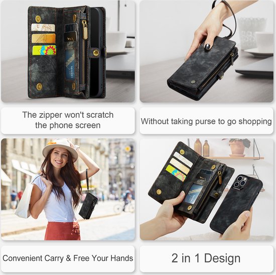 Zwart portemonneehoesje met pasjesvakken, ritssluiting en polskoord. "Without taking purse to go shopping", "Convenient Carry & Free Your Hands", "2 in 1 Design".