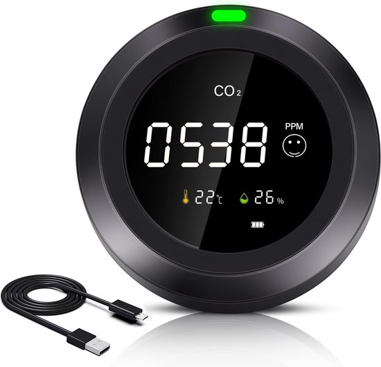 Vulpes Goods® CO2 meter - Luchtkwaliteitsmeter - 3in1 Met hygrometer en thermometer - Draagbaar & oplaadbaar - Zelfkalibrerende NDIR sensor - PRO versie