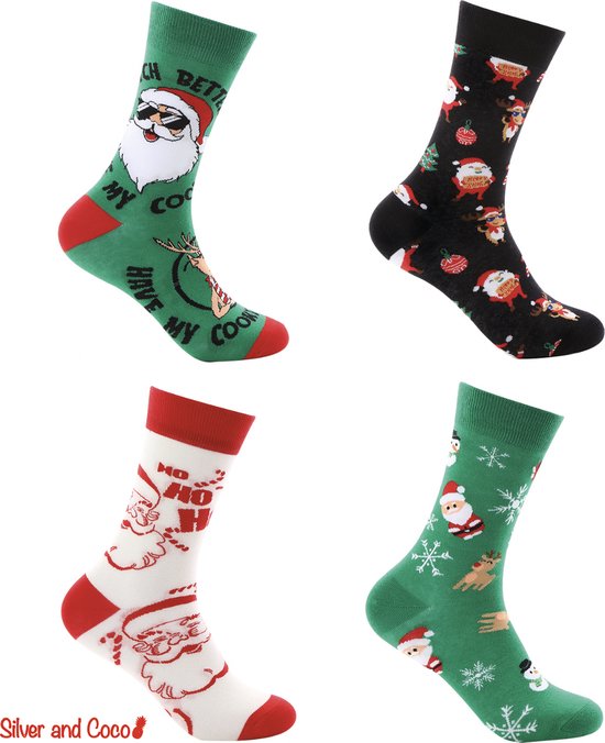 SilverAndCoco® - 4 Paar Kerstsokken / Gekke Foute Vrolijke Happy Kerst Sokken Kerstman / Leuke Grappige Set Dikke Warme Huissokken Kerstmis Dames & Heren Kerstcadeau pakket / Wintersokken Kleding Socks Mannen en Vrouwen / Sinterklaas Schoen Cadeautje