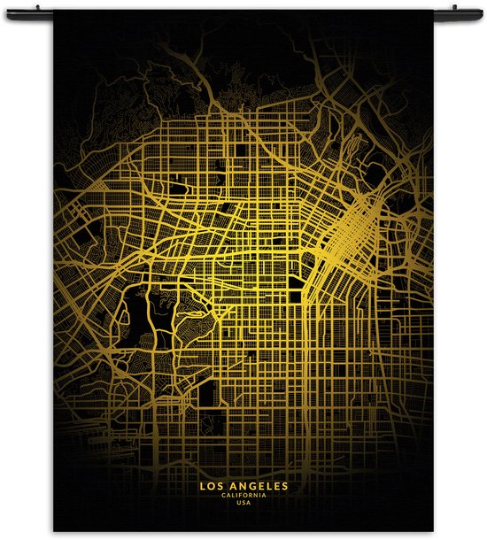 Velours Wandkleed Los Angeles Plattegrond Zwart Geel Rechthoek Verticaal S (85 X 60 CM) - Wandkleden - Met roedes