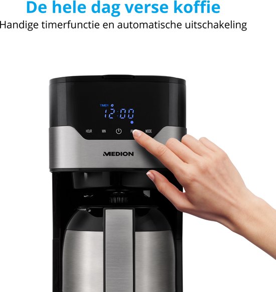 MEDION MD 18458 - Cafetière filtre programmable avec carafe isotherme - 900 Watt - 1,2 Litres - Argent