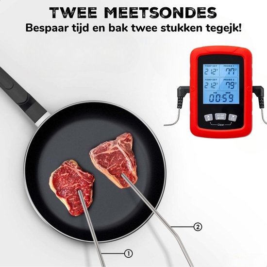 Vleesthermometer met LCD Display en 2 Stuks Lange Meetsonde - Thermometer Geschikt voor BBQ , Oven , Vlees , Vis - BBQ Thermometer - Phreeze
