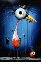 JJ-Art (Canvas) 90x60 | Grappige zangvogel op het podium, abstract, kunst, felle kleuren, kleurrijk | dier, vogel, zingen, blauw, geel, rood, zwart, roze, modern | Foto-Schilderij canvas print (wanddecoratie)