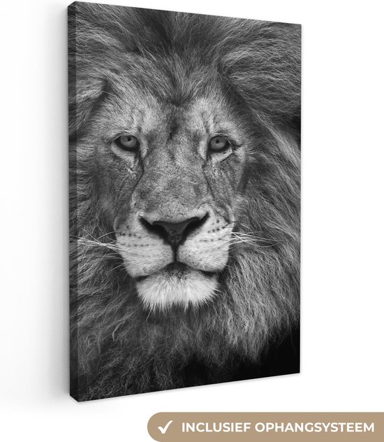 Canvas Schilderij Perzische leeuw op zwarte achtergrond in zwart-wit - 80x120 cm - Wanddecoratie