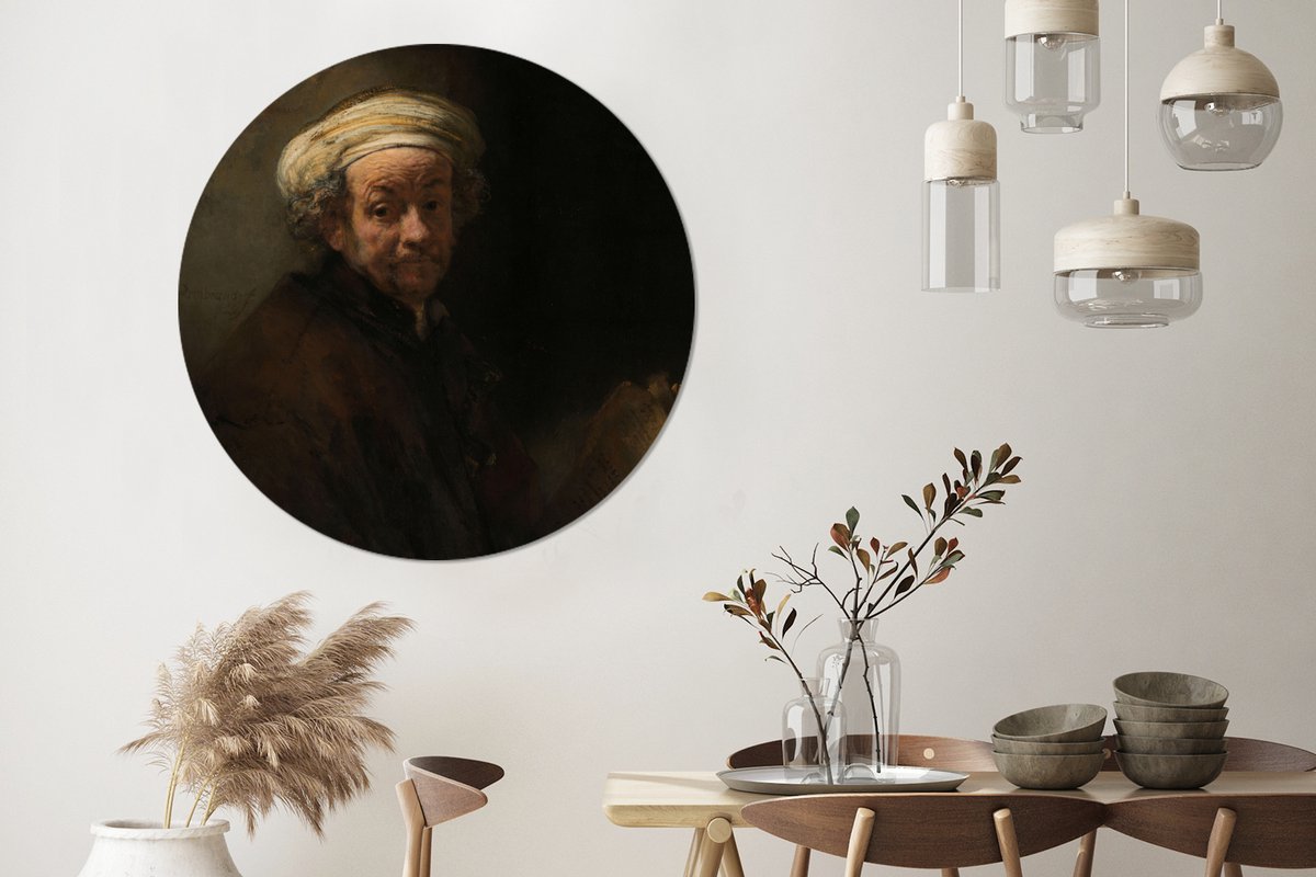 WallCircle® - Behangcirkel 140x140 cm - Muurstickers Zelfportret als de apostel Paulus - Schilderij van Rembrandt van Rijn - Muurcirkel woonkamer - Wandcirkel slaapkamer - Kamer decoratie zelfklevend - Muurdecoratie accessoires