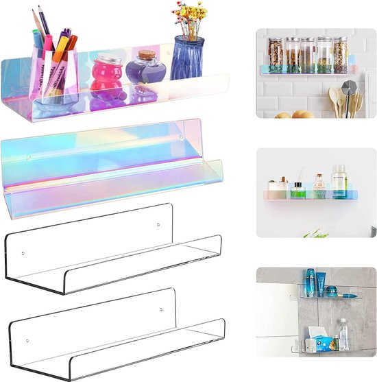 WASYPLSFOI Wall Shelf, Floating Shelf, Children's Bookcase, Bathroom Wall Shelf, Storage Organiser, Acrylic, Pack of 4, Clear & Rainbow