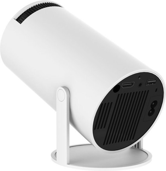 Achterkant van een witte, cilindervormige projector met poorten en ventilatie.