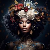 JJ-Art (Aluminium) 60x60 | Donkere Afrikaanse vrouw met bloemen, gezicht, hoofd | mens, vierkant, rood, wit, bruin, blauw, modern | foto-schilderij op dibond, metaal wanddecoratie