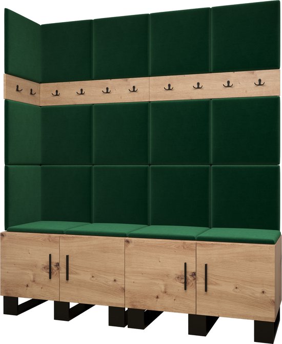 Garderobekast Ganggarderobe Compacte garderobe Vestibule Wandkast Plank Hal & Gang Kast Schoenenkast Gestoffeerde panelen en met een kussen - (BxHxD): 168x196x45,6 cm - ERNETST 12 - Artisan (Groen (Manilla 35))
