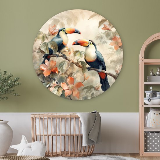 WallCircle - Wandcirkel 120x120 - Toekan - Vogels - Bloemen - Tak - Ronde schilderijen woonkamer - Wandbord rond - Muurdecoratie cirkel - Kamer decoratie binnen - Wanddecoratie muurcirkel - Woonaccessoires XXL