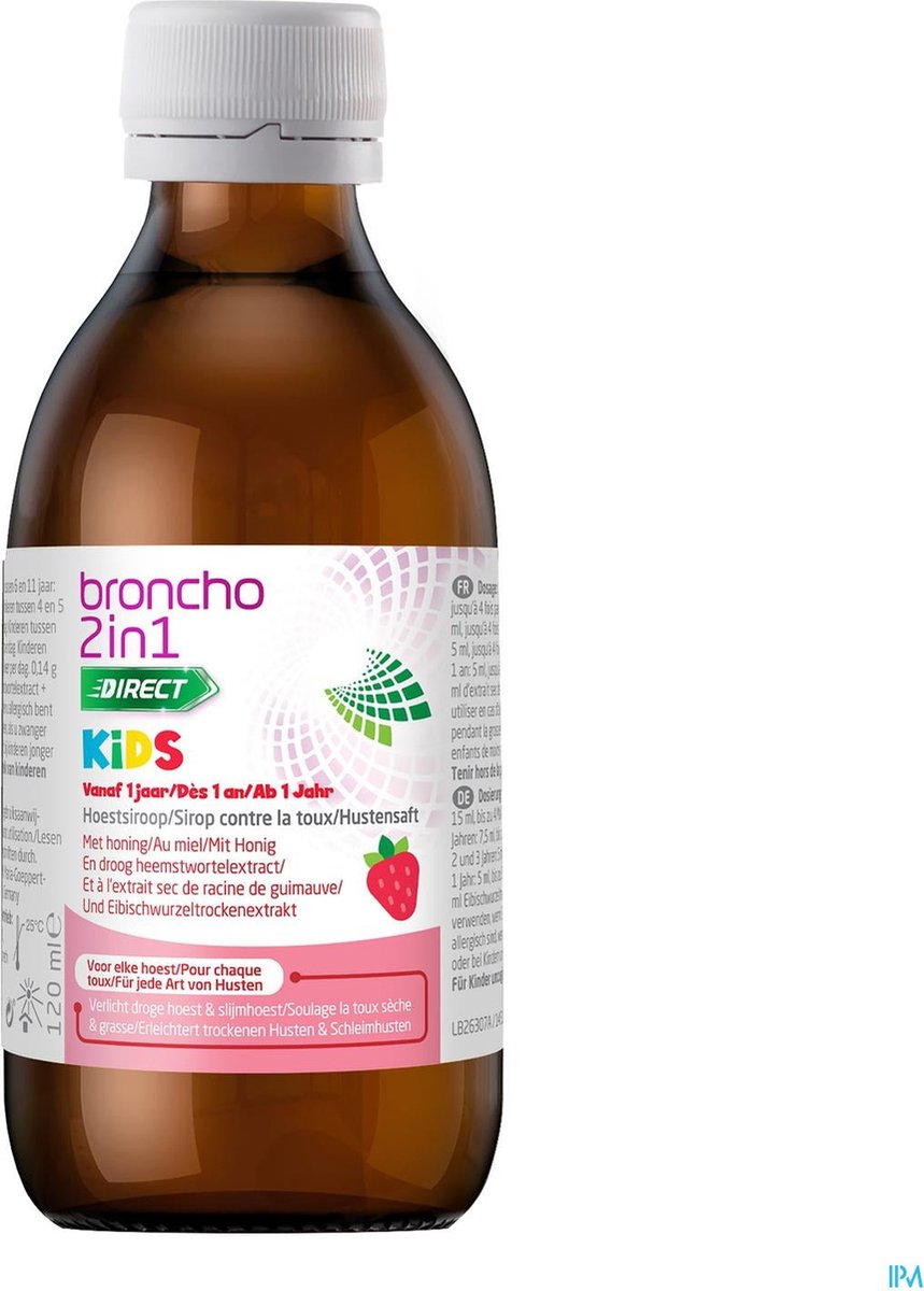 Goedkoopste Broncho 2 in 1 Hoestsiroop- vanaf 1 jaar- Honing- Heemstwortelextract- Aardbeismaak- 120ml