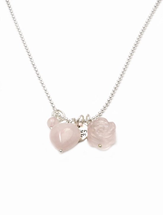 Heaven Eleven collier chaîne à billes en acier inoxydable avec un coeur rosequartz / fleur pierre naturelle