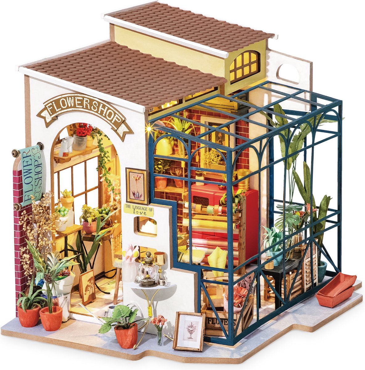 CUTEROOM DIY miniatuurhuis bouwpakket voor volwassenen, poppenhuis kas met ledverlichting, rozentuin theehuis