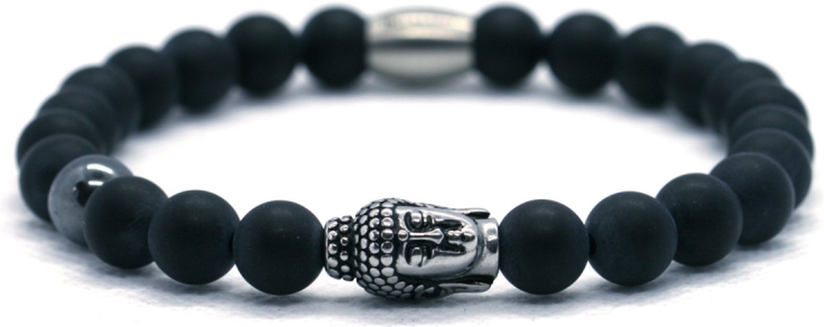 IbizaMen - Heren armband - mat onyx 8mm - Hematiet - RVS buddha