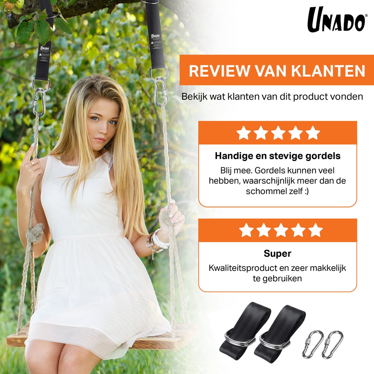Unado Ophang Koord Voor Hangmat, Hangstoel / Schommel - Hangmat Bevestigingsset Inclusief Haken - Karabijnhaak - Hangmat Standaard -Schommelophangset - Hangmat Ophangsysteem -150cm - Tot 1000kg - Boomvriendelijke Hangmat Ophangset - Set Van 2Stuks — afbeelding 5