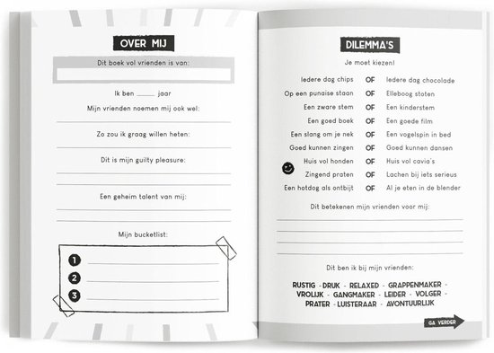 Binnenkant van een vriendenboek met invulbare secties voor 'Over Mij' en 'Dilemma's'.