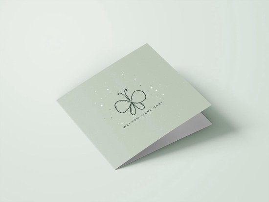 Lichtgroene kaart met een vlinderillustratie en de tekst 'Welkom lieve baby'.
