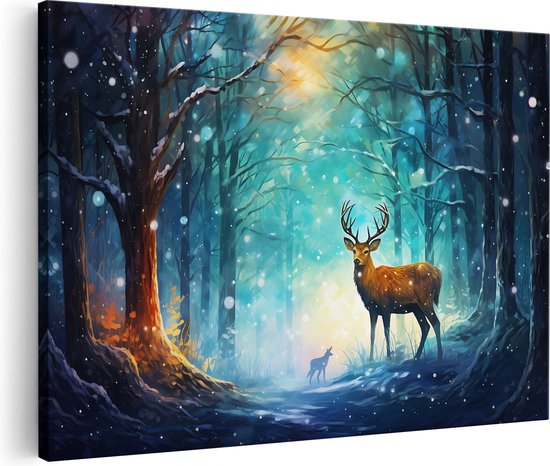 Artaza Canvas Schilderij Hert in het Bos - Winter - Kerst - 90x60 - Foto Op Canvas - Canvas Print - Muurdecoratie