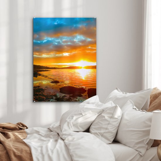 Peinture sur verre - Peinture sur verre - Coucher de soleil - Arbres - Mer - Photo sur verre - Décoration de chambre - Décoration murale nature - Verre acrylique - 60x80 cm - Peintures de salon