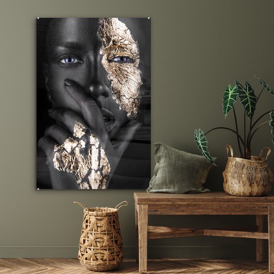 MuchoWow® Peinture sur Verre - Femme - Or - Zwart - Maquillage - Luxe - 80x120 cm - Peintures sur Verre Acrylique - Photo sur Glas
