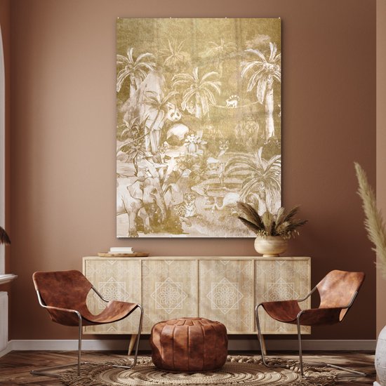 MuchoWow® Glasschilderij 120x160 cm - Schilderij acrylglas - Jungle - Goud - Kinderen - Planten - Dieren - Foto op glas - Schilderijen
