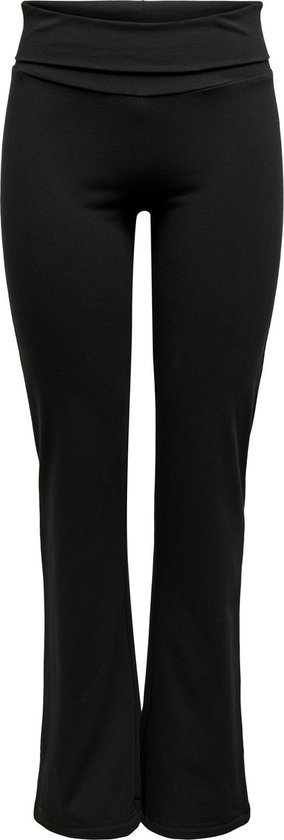 Zwarte sportbroek met omslagband aan de taille en wijde pijpen.