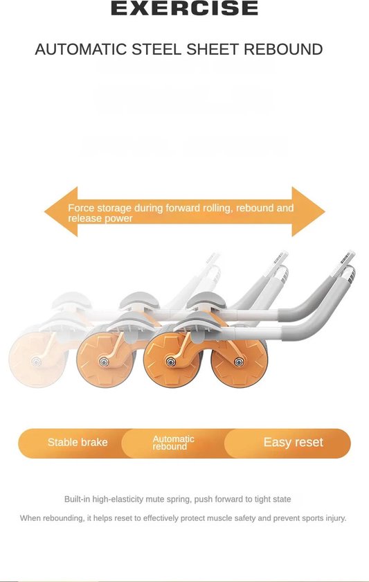 Automatische Rebound Abdominal Wheel, Buikspiertrainer voor Buikspiertraining Met Stabiele Dubbele Wielen en Automatische Terugslag (Rood