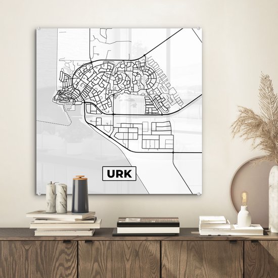 MuchoWow® Glasschilderij 50x50 cm - Schilderij acrylglas - Kaart - Urk - Zwart - Wit - Foto op glas - Schilderijen