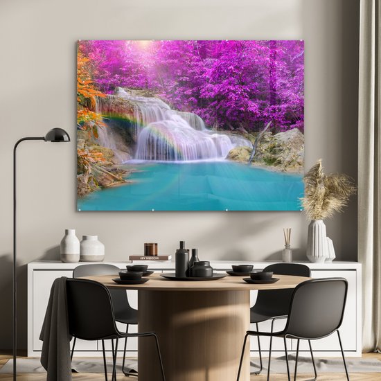 MuchoWow® Glasschilderij 120x90 cm - Schilderij acrylglas - Waterval - Bomen - Regenboog - Paars - Foto op glas - Schilderijen