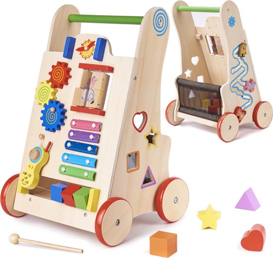 Playos® - Houten Loopwagen - 6 in 1 - Looptrainer - met Antislip Wielen - Educatieve Looptrainer - Babywalker - Educatief Speelgoed - Leren Lopen - Loopwagen - Babyspeelgoed - Busy Board - Sorteer Speelgoed