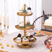 Gouden taartstandaard met 3 etages, 3 etages, cupcake-standaard, koekjesdienblad, ronde serveertoren dessertstandaard voor het bewaren van fruit, muffins en cupcakes