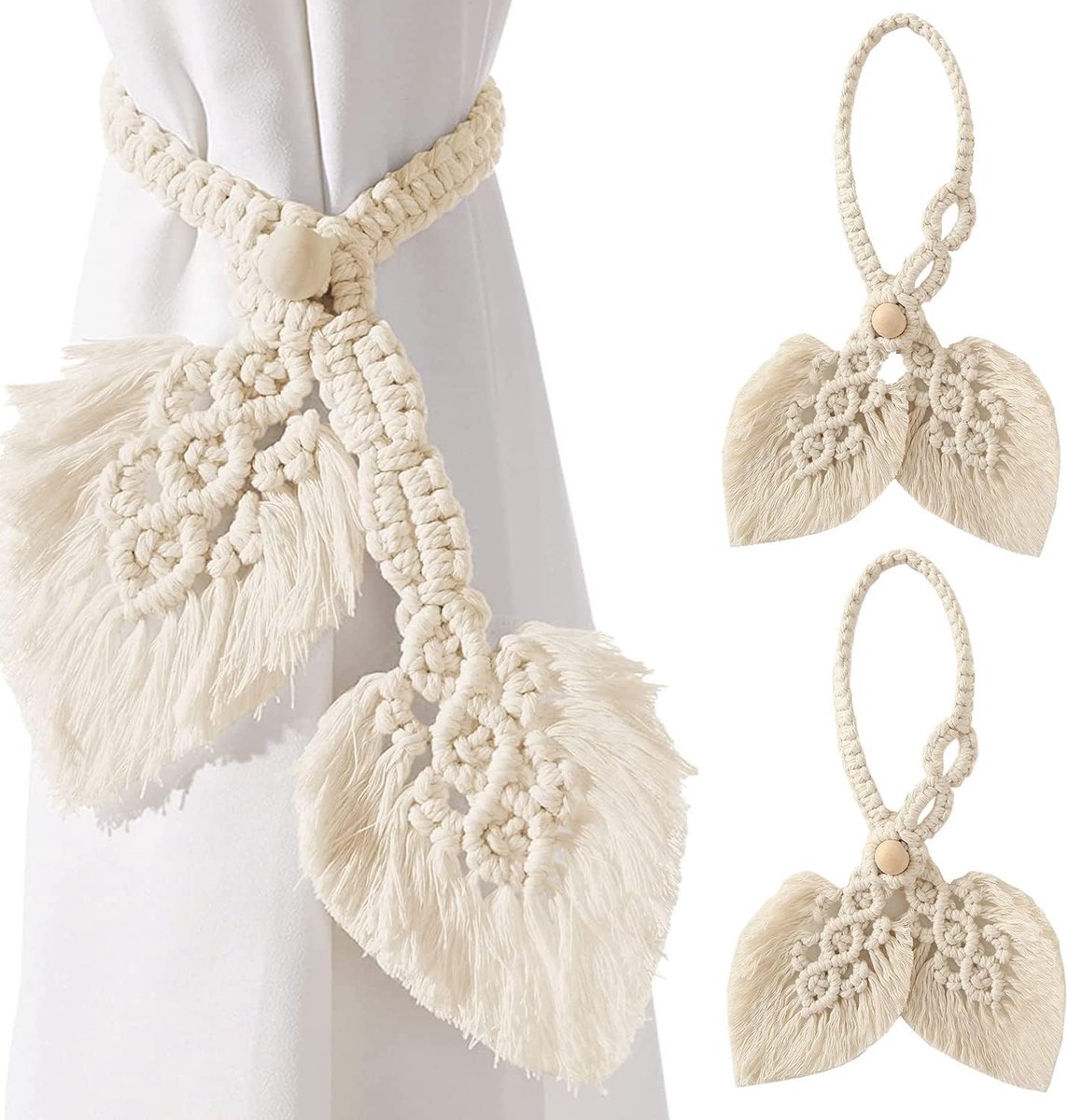 Set van 2 Boho Gordijnhouders, Natuurlijk Katoen, Touw Gordijnkoorden, Handgemaakt, Twee Vellen, Geweven Gordijn, Decoratieve Houder voor Landelijke Gordijnen in Bohemian Stijl (Beige)