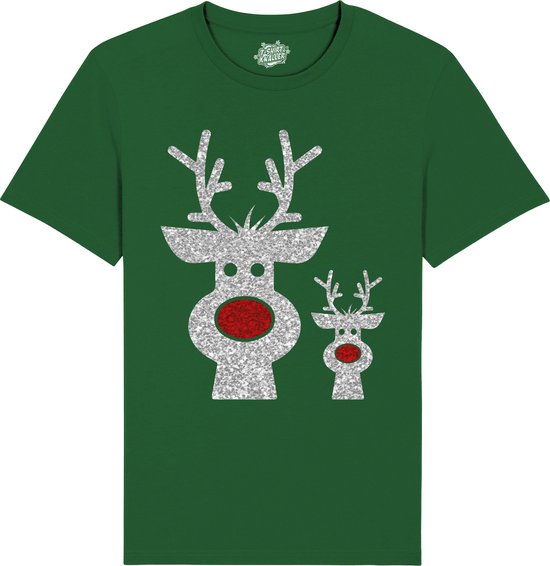 Rendier Buddies - Foute Kersttrui Kerstcadeau - Dames / Heren / Unisex Kleding - Grappige Kerst Outfit - Glitter Look - T-Shirt - Unisex - Bottle Groen - Maat S