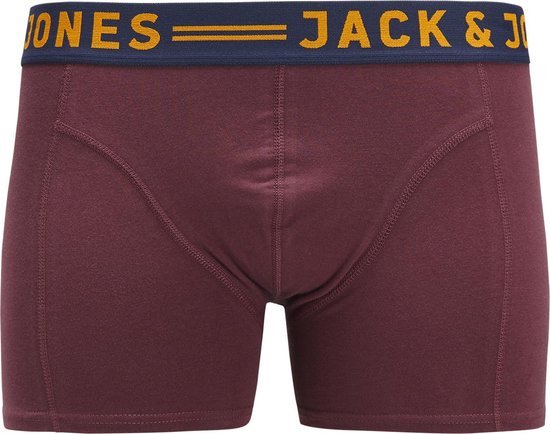 Donkerrode boxer met donkerblauwe elastische band met oranje tekst: JACK & JONES.