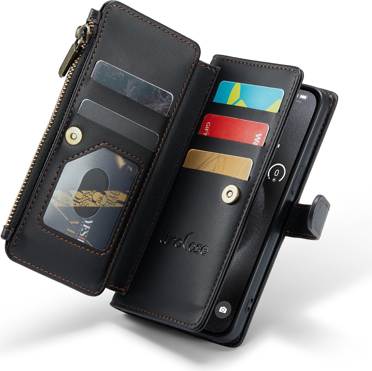 Hoesje geschikt voor iPhone 15 Pro - ZipCase Book Cover Case Kunstleer Obsidiaan Zwart