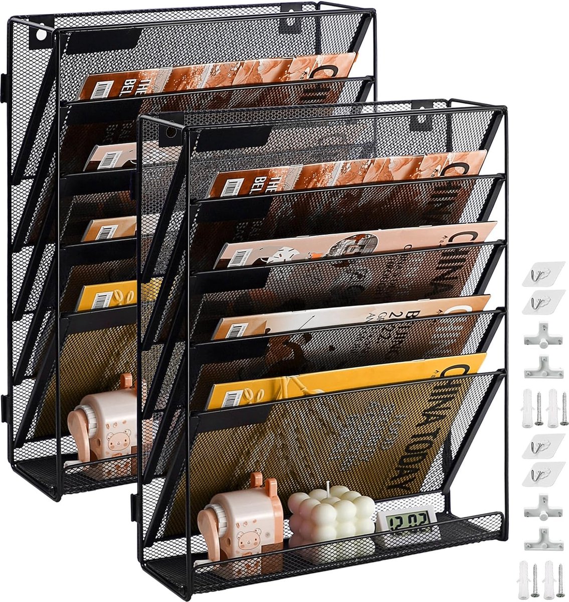 2-pocket A4 tijdschriftenhouder, 6-laags wandgemonteerde bureau-organizer, hangende muurmap, tijdschriftenhouder muur voor tijdschriften, documenten metaal, Office Document Organizer voor thuis