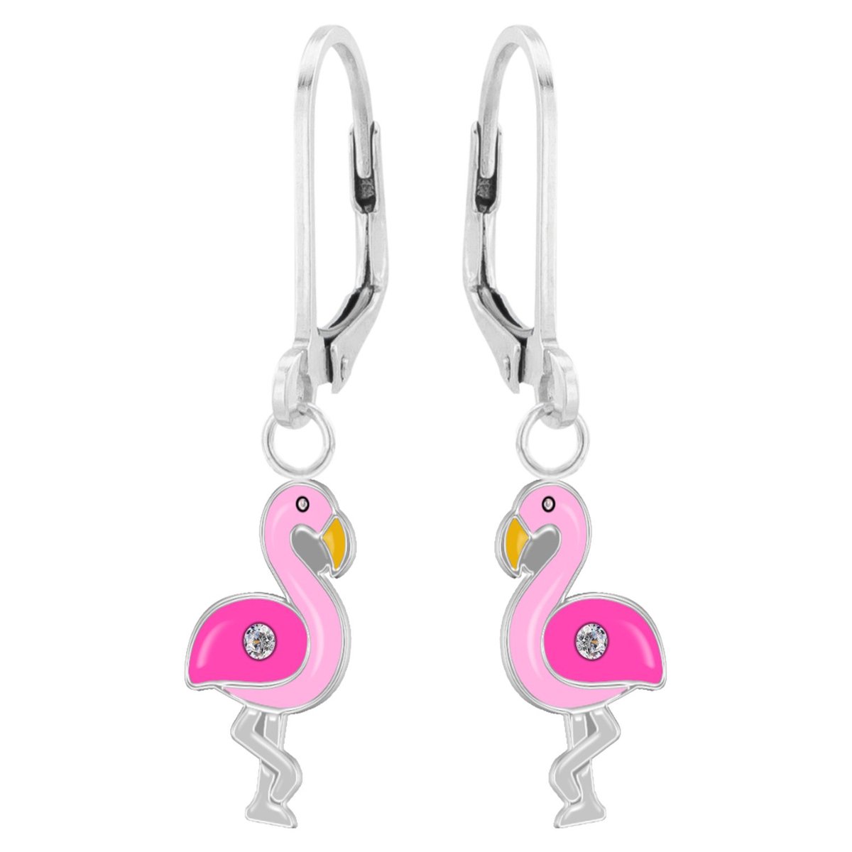 Zilveren oorbellen meisje | Oorbellen kind | Zilveren oorhangers, roze flamingo met kristal